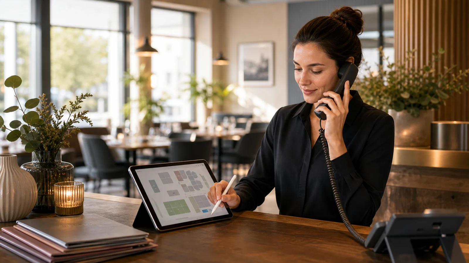Restaurantempfang mit Reservierungsbuch, Telefon und Gästen im Hintergrund