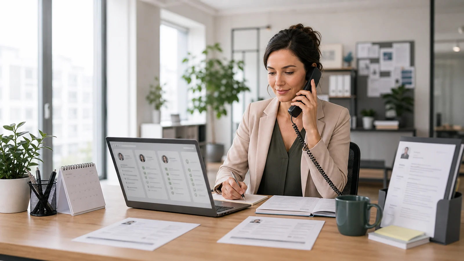 HR-Arbeitsplatz mit Bewerbungsunterlagen, Laptop, Kalender und Interview-Vorbereitung
