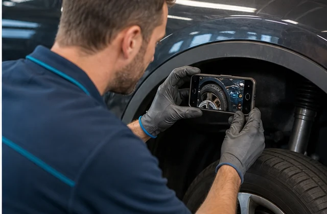 Serviceaufnahme fotografiert ein Fahrzeugdetail für die vorbereitete Schaden- oder Defektklärung