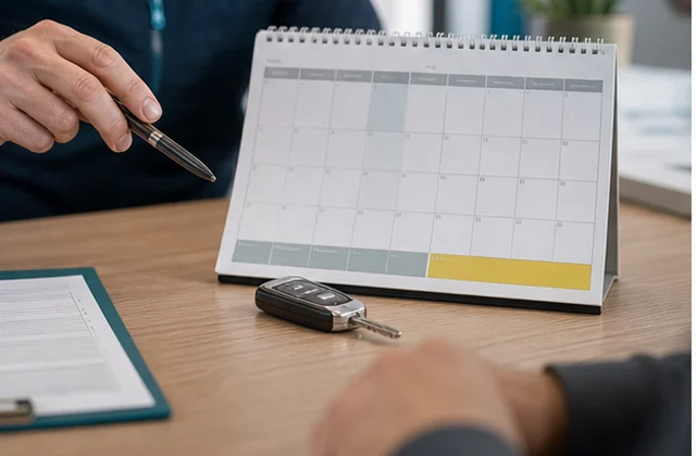 Kalender, Autoschlüssel und Unterlagen für die Vorbereitung eines Werkstatttermins