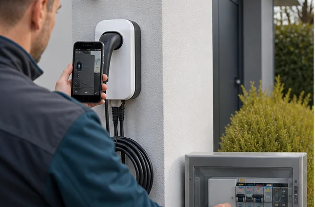 Wallbox-Anfrage mit Ladepunkt, Smartphone-Foto und Elektroinstallation im Hintergrund