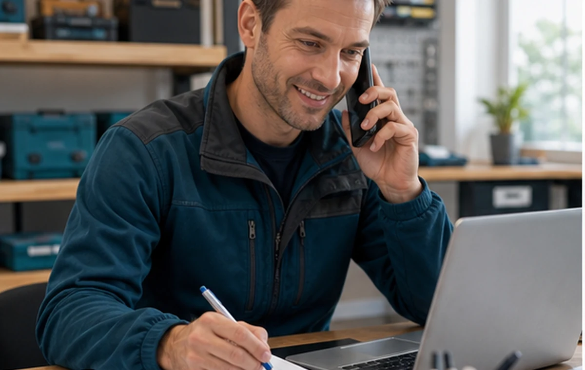 Elektrikerbetrieb mit Serviceannahme, Sicherungskastenfoto, Telefon und Terminnotiz