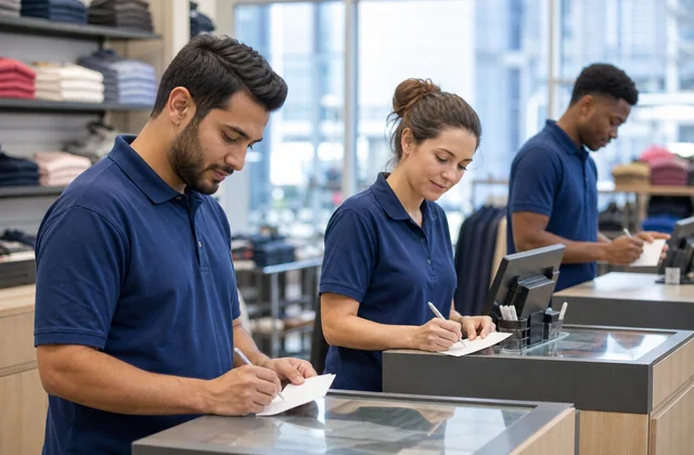 Mitarbeiterin in einer Filiale liest eine zentrale Aktionsinfo auf dem Tablet