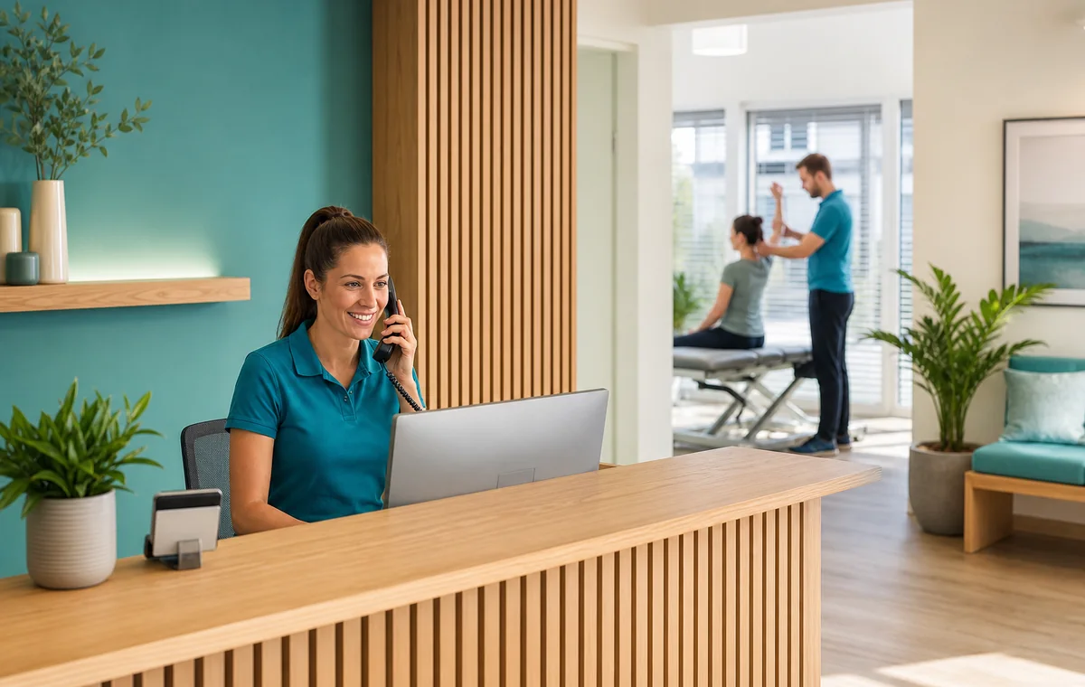 Physiotherapie-Empfang mit Terminplan, Patientenanfragen und Behandlungsräumen