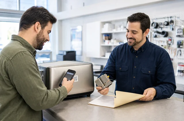Praxisnahe Arbeitsszene für Produkt- und Ersatzteil-Support per QR-Code