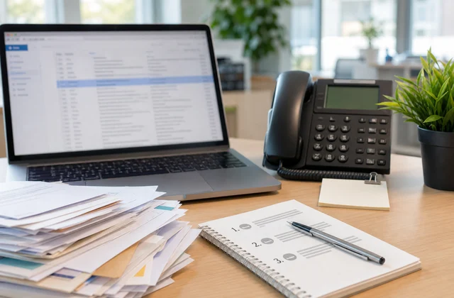 Büroarbeitsplatz mit vollem Posteingang, Telefonnotiz und sortierten Prioritäten