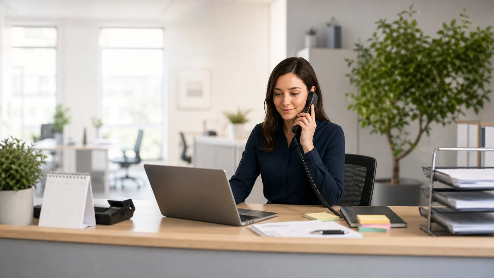 Helles Büro mit Telefon, Laptop, Kalender und Posteingang als Motiv für Sekretariat und Bürokraft