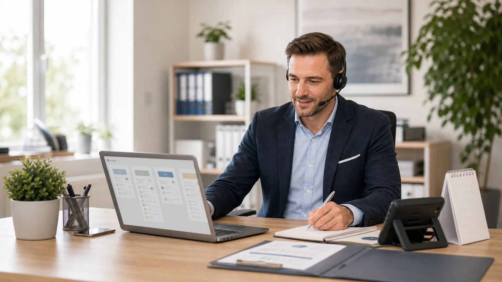 Vertriebsarbeitsplatz mit Headset, Laptop, Notizen, Kalender und Angebotsmappe